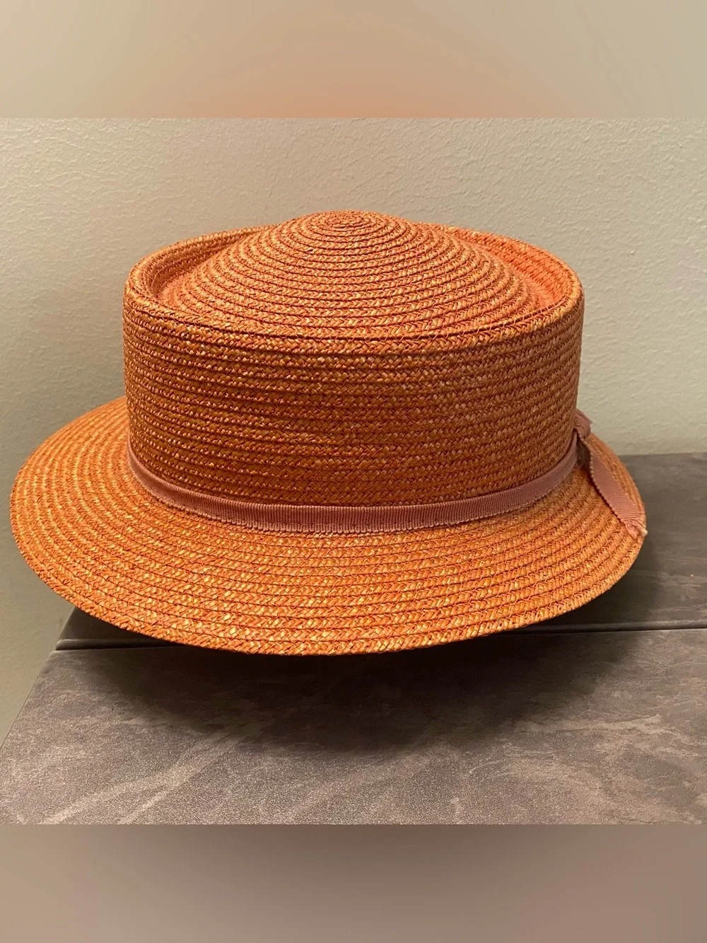 Vintage 1970s Pucci Straw Boater Sun Hat Logo Peach Orange Pastel Flat Top XS